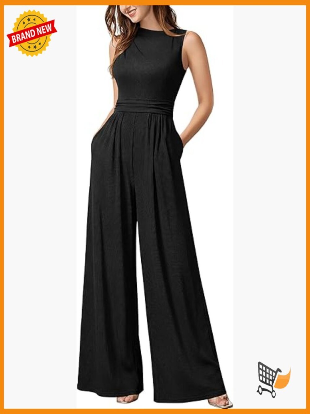 Sleeveless Mock Neck Ruched Wide Leg Jumpsuit with Pockets